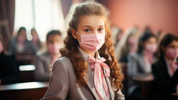 Foto uno studente che indossa una maschera facciale durante l'epidemia di influenza e virus corona