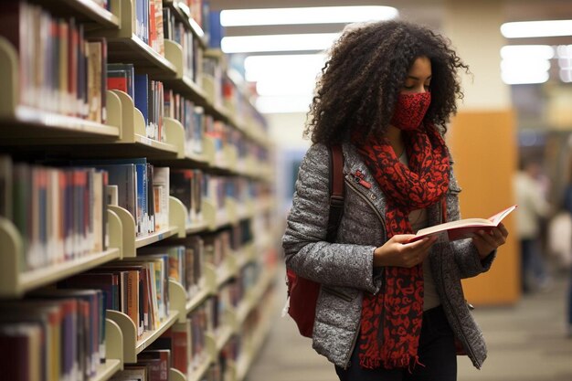 Foto studente che indossa una maschera in biblioteca