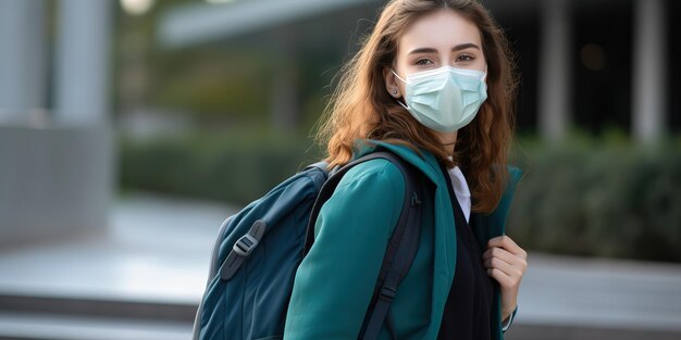 Student wearing surgical face mask and backpack outdoors