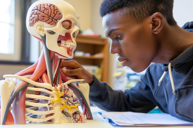 Photo student with anatomy model labelling parts for biology homework