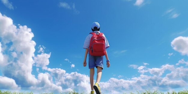 Student with Backpack Walk to School Blue Sky Background Back to School Concept Generative Ai