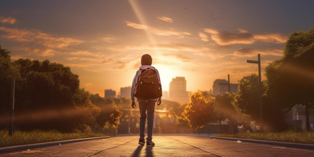 Student with Backpack Walk to School Sunset Background Back to School Concept Generative Ai