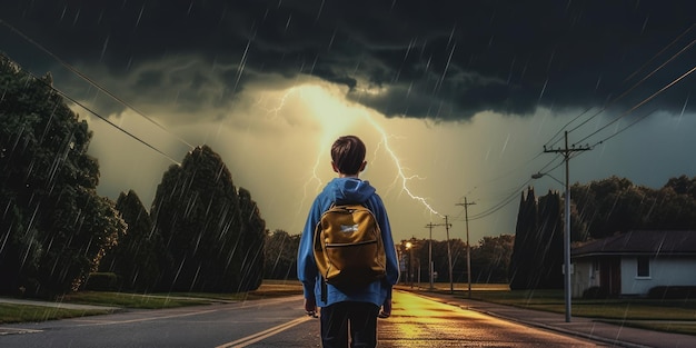 Student with backpack walk to school thunder storm background back to school concept generative ai