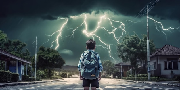 Student with backpack walk to school thunder storm background back to school concept generative ai