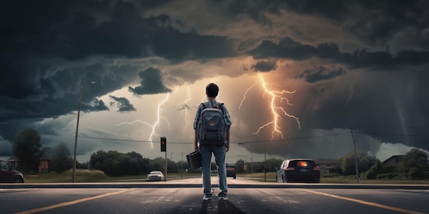 バックパックを持つ学生が学校に歩いて雷嵐の背景に学校に戻るコンセプト生成 Ai