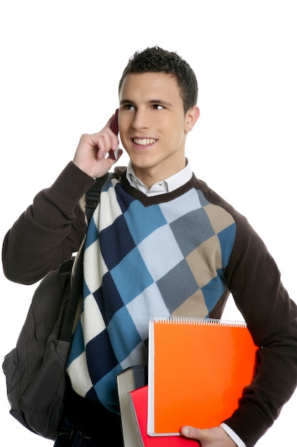 Student with bag, phone and books going school