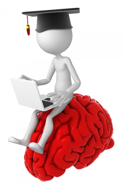 Student with laptop sitting on top of the brain.