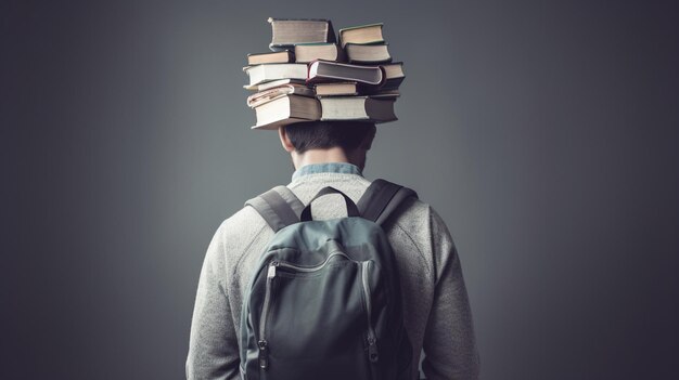 Student with a lot of books on his head Back to school