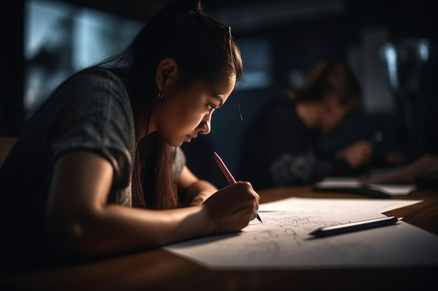A student writes on a piece of paper in a dark room.
