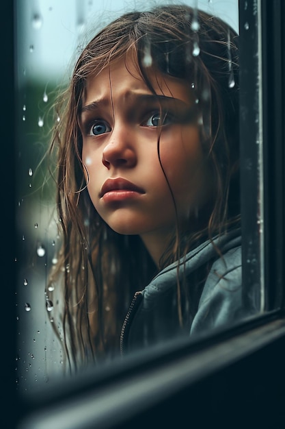 Student young girl crying on the window due to harrassment in the classroom