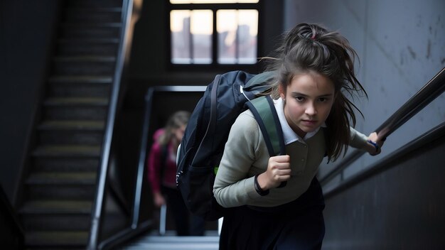 Studente met een rugzak die trappen beklimt.