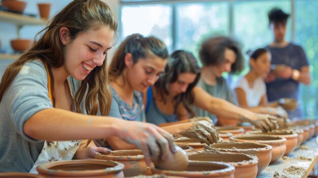 Foto studenten concentreerden zich in een keramische werkplaats op het vormen van klei op aardewerkwielen