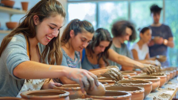 Studenten concentreerden zich in een keramische werkplaats op het vormen van klei op aardewerkwielen