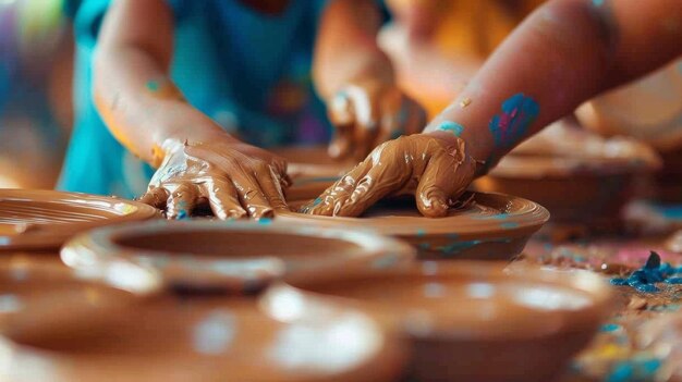 Studenten concentreerden zich in een keramische werkplaats op het vormen van klei op aardewerkwielen