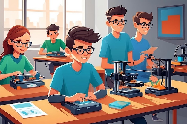 Studenten die 3D-printers gebruiken Vector Flat Style Illustratie