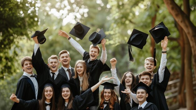 Studenten die afstudeerhoeden gooien.