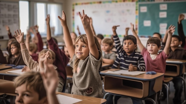 Foto studenten die hun handen opheffen in de klas op de basisschool