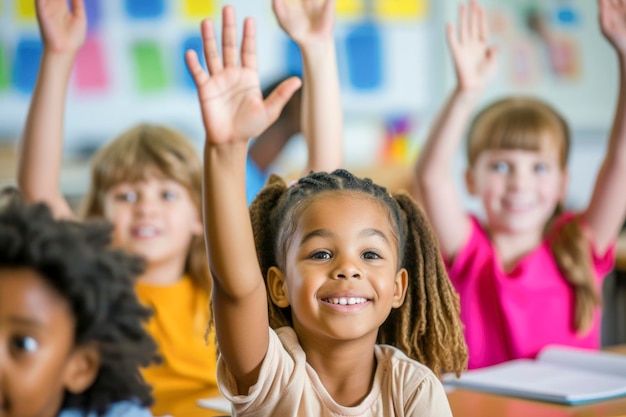 Foto studenten die hun handen opheffen in de klas op de basisschool