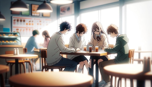 studenten die samen studeren in een anime-stijlillustratie van een fastfoodrestaurant