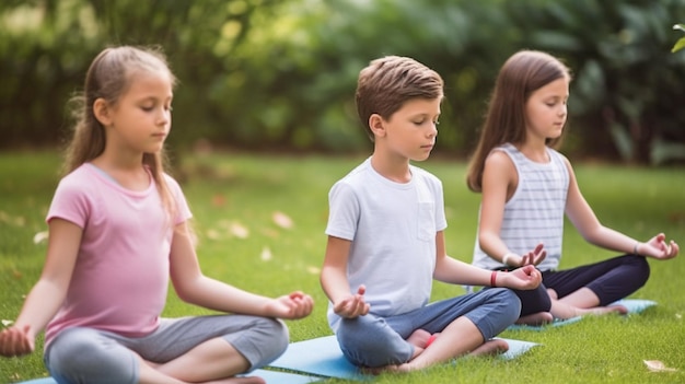 Studenten doen yoga en mediteren op een yogamat in de schooltuin Generative AI