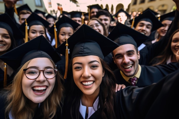 Studenten in afstudeerkostuum die selfie buitenshuis nemen Lachende afgestudeerden op de universiteit