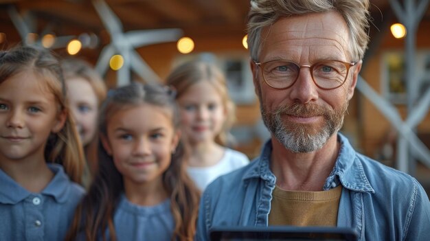 Foto studenten in een basisschoollokaal leren in deze video hoe windturbines werken. de leraren houden tablets vast om hen uit te leggen hoe ze werken. studenten leren