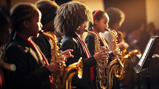 Studenten komen samen om hun muziekinstrumenten te oefenen en hun talenten te verenigen in een schoolband om betoverende melodieën te creëren die door de hele campus resoneren Gegenereerd door AI