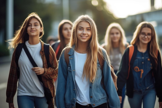 Studenten lopen samen naar school AI Generative