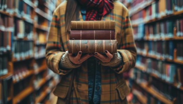 Studenten met een stapel boeken in het gangpad van de bibliotheek Concept van onderwijs kennis en literatuur