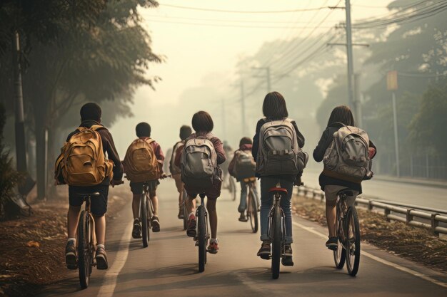 Studenten met rugzakken en fietsen