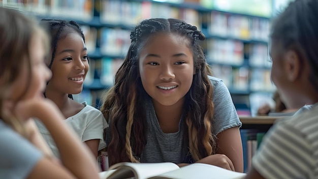 Studenten met verschillende achtergronden werken samen aan een project in een bibliotheek Concept Samenwerkend leren Diversiteitsgroepproject Bibliotheek Onderwijs