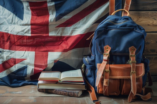 Studenten rugzak boeken en de vlag van Groot-Brittannië op de achtergrond Het concept van reclame