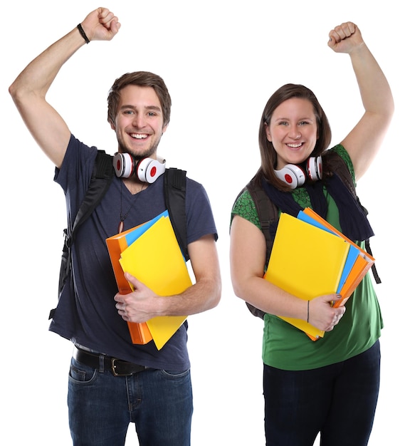 Studenten succesvol succes gelukkig geluk jonge vrouw man portret mensen geïsoleerd