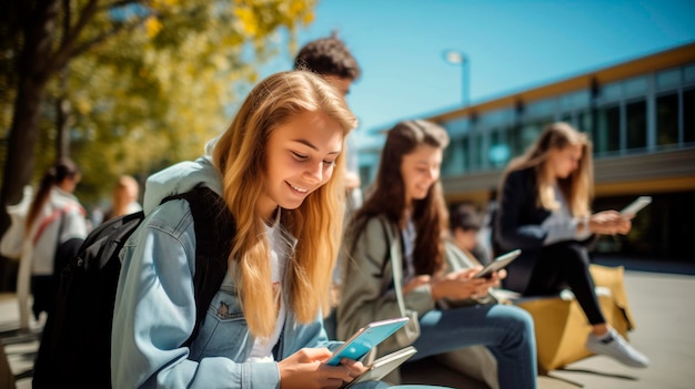 Studenten tieners die gadgets gebruiken