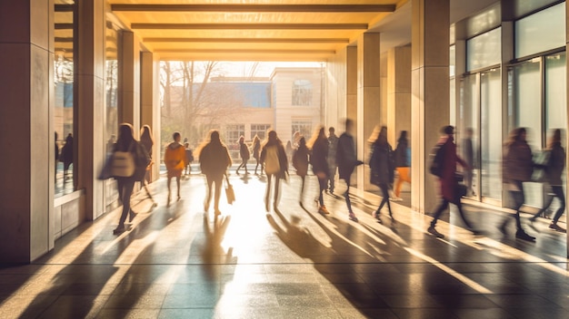 Studenten vullen de gangen van de school met prachtig ochtendzonlicht Generatieve AI