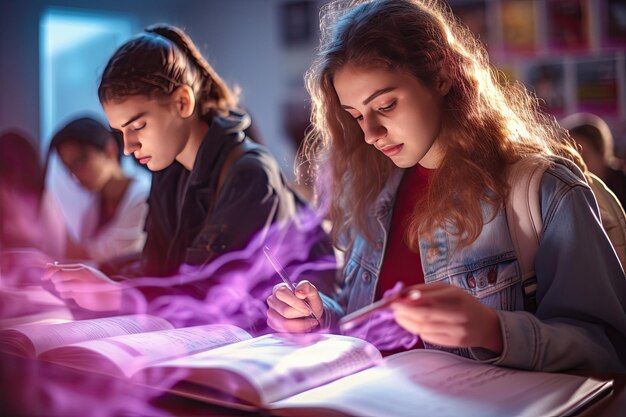 Foto studenten zitten aan de bureaus.