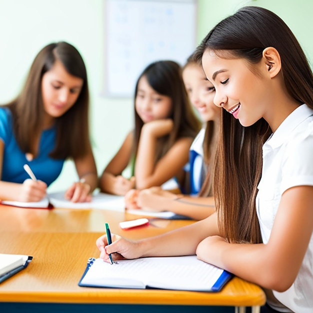 Studentenmeisjes leren een taal op school