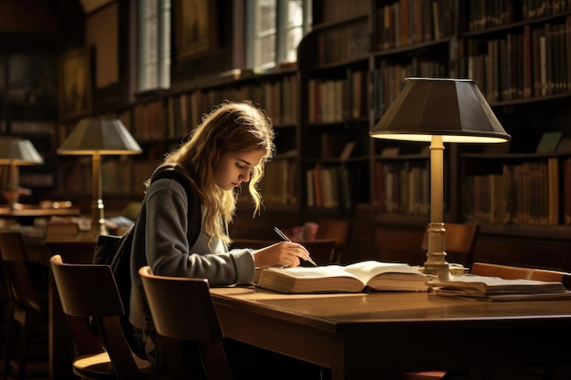 Studentenstudie in de bibliotheek studentenstudie in de bibliothek lezen boek Ai gegenereerd