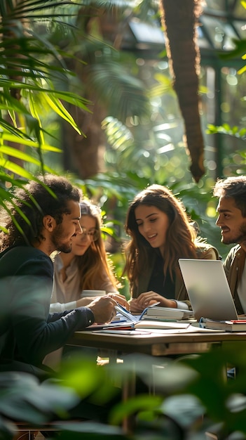 Photo students actively engage in environmental law studies amidst lush botanical garden discussing globa