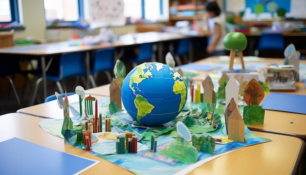 Foto gli studenti utilizzano modelli e materiali per redigere una relazione sulla protezione dell'ambiente