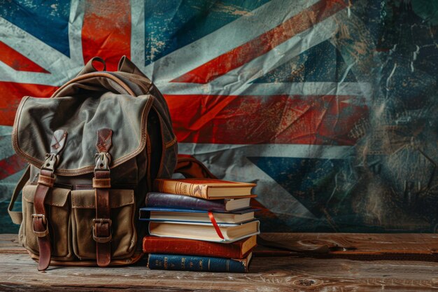 Students backpack books and the flag of Great Britain on the background The concept of advertising