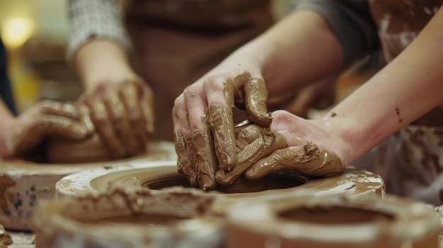 Students deeply focused on shaping clay on pottery wheels in a ceramic workshop class