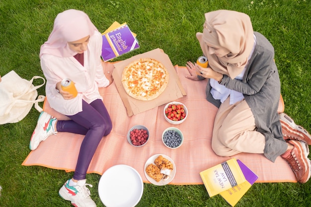 Studenti che mangiano pizza. vista dall'alto di studenti impegnati che mangiano pizza e bevono bevande gassate mentre sono seduti sull'erba