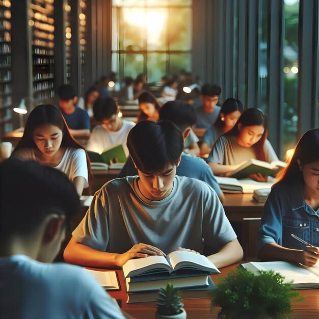 Students engrossed in their studies in the tranquil library during the serene evening Their commitm