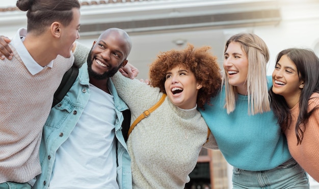 Students friends and happy portrait of people with diversity collaboration and university support Student funny joke smile and college group outdoor ready for learning and teamwork with laugh