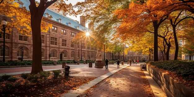 Students go to school on a bright autumn day