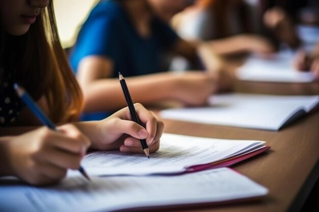 Foto studenti con la mano in mano che scrivono con la matita una scelta selezionata sui fogli di risposta e su una domanda di matematica