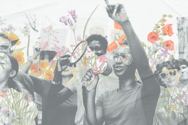 Students holding megaphone speaking at human rights demonstration with colorful floral media collage