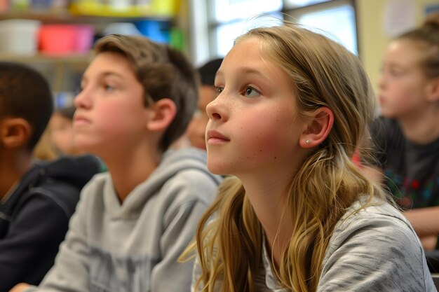 Photo students listening attentively while teacher talks engaging in classroom discussion concept classroom discussion school environment active listening studentteacher interaction engaged learning