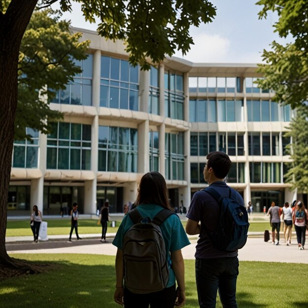 Photo students looking at university building